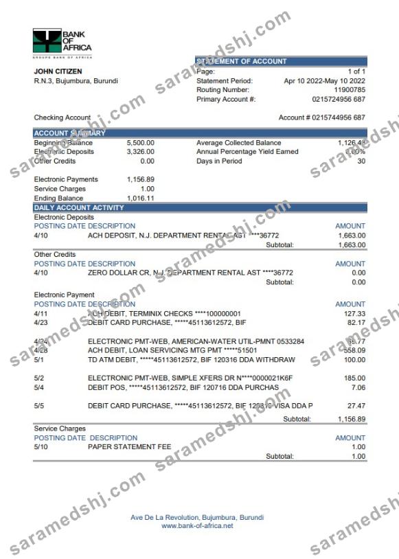 Burundi Bank of Africa bank statement